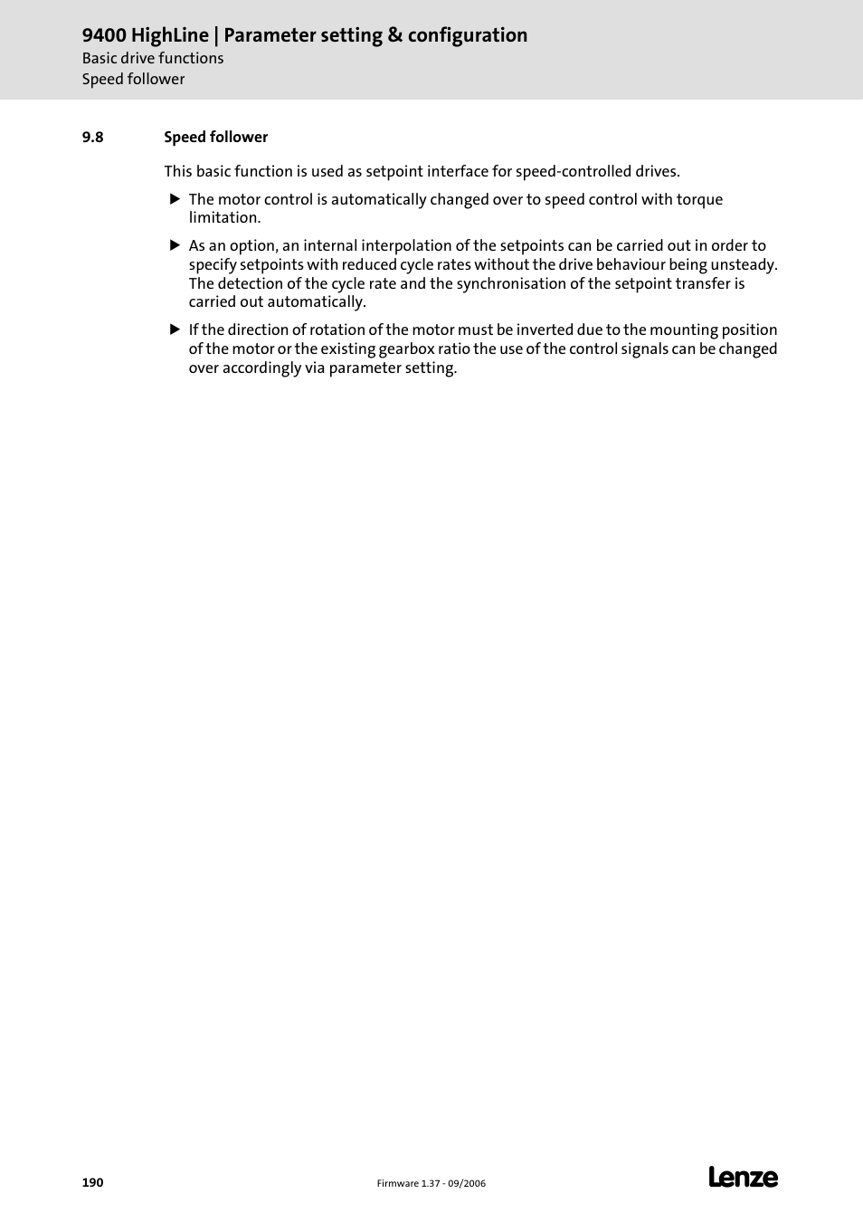 8 speed follower, Speed follower, C 190) | Speed follower (c 190), The basic functions, 9400 highline | parameter setting & configuration | Lenze E94AxHE Servo Drives 9400 HighLine (Firmware 01-37) User Manual | Page 190 / 679