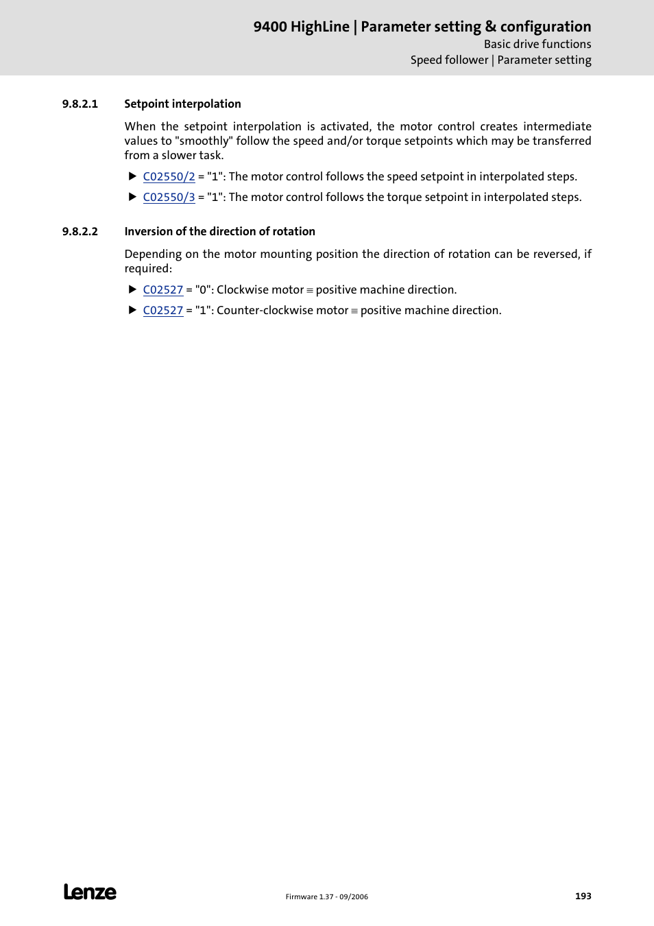 1 setpoint interpolation, 2 inversion of the direction of rotation, Setpoint interpolation | Inversion of the direction of rotation, 9400 highline | parameter setting & configuration | Lenze E94AxHE Servo Drives 9400 HighLine (Firmware 01-37) User Manual | Page 193 / 679
