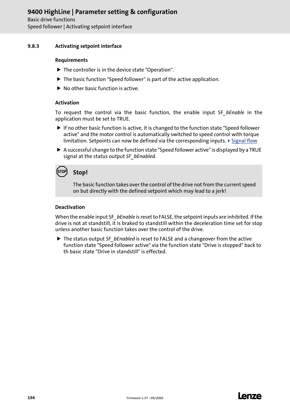 3 activating setpoint interface, 9400 highline | parameter setting & configuration | Lenze E94AxHE Servo Drives 9400 HighLine (Firmware 01-37) User Manual | Page 194 / 679