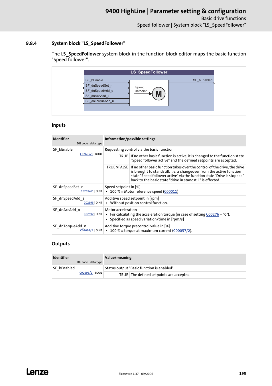 4 system block "ls_speedfollower, 9400 highline | parameter setting & configuration | Lenze E94AxHE Servo Drives 9400 HighLine (Firmware 01-37) User Manual | Page 195 / 679