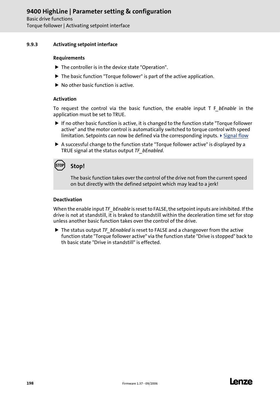 3 activating setpoint interface, 9400 highline | parameter setting & configuration | Lenze E94AxHE Servo Drives 9400 HighLine (Firmware 01-37) User Manual | Page 198 / 679