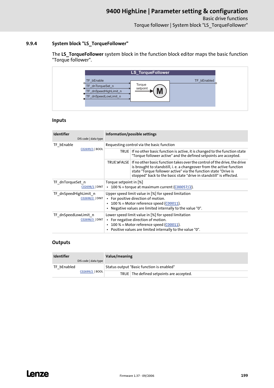4 system block "ls_torquefollower, 9400 highline | parameter setting & configuration | Lenze E94AxHE Servo Drives 9400 HighLine (Firmware 01-37) User Manual | Page 199 / 679