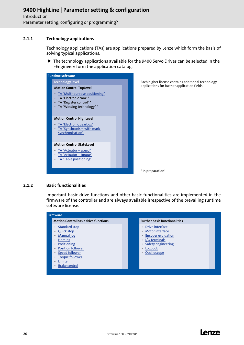 1 technology applications, 2 basic functionalities, 9400 highline | parameter setting & configuration | Lenze E94AxHE Servo Drives 9400 HighLine (Firmware 01-37) User Manual | Page 20 / 679