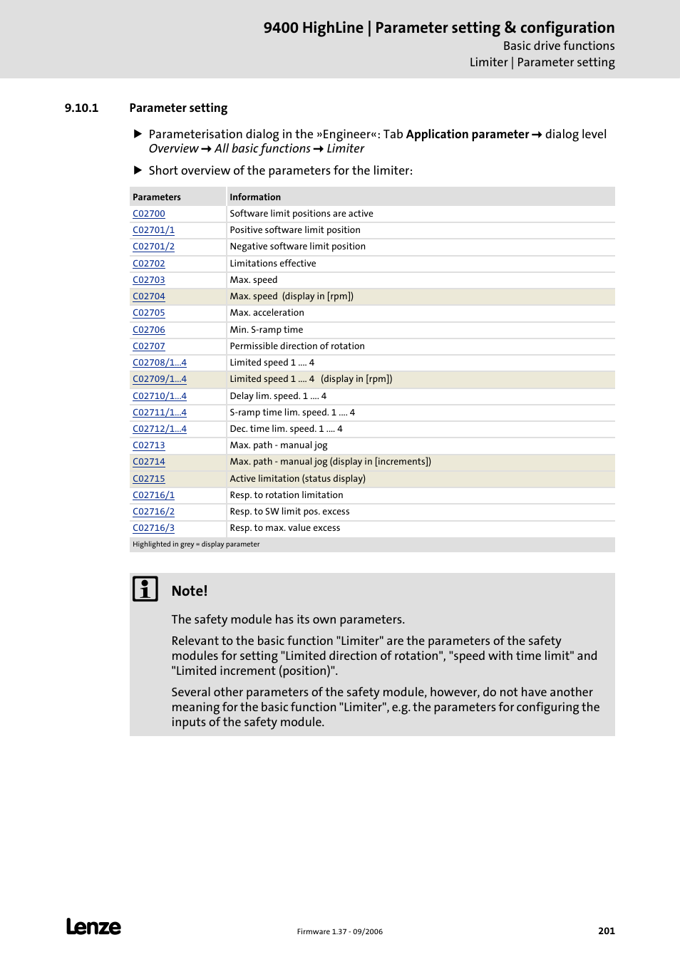 1 parameter setting, 9400 highline | parameter setting & configuration | Lenze E94AxHE Servo Drives 9400 HighLine (Firmware 01-37) User Manual | Page 201 / 679