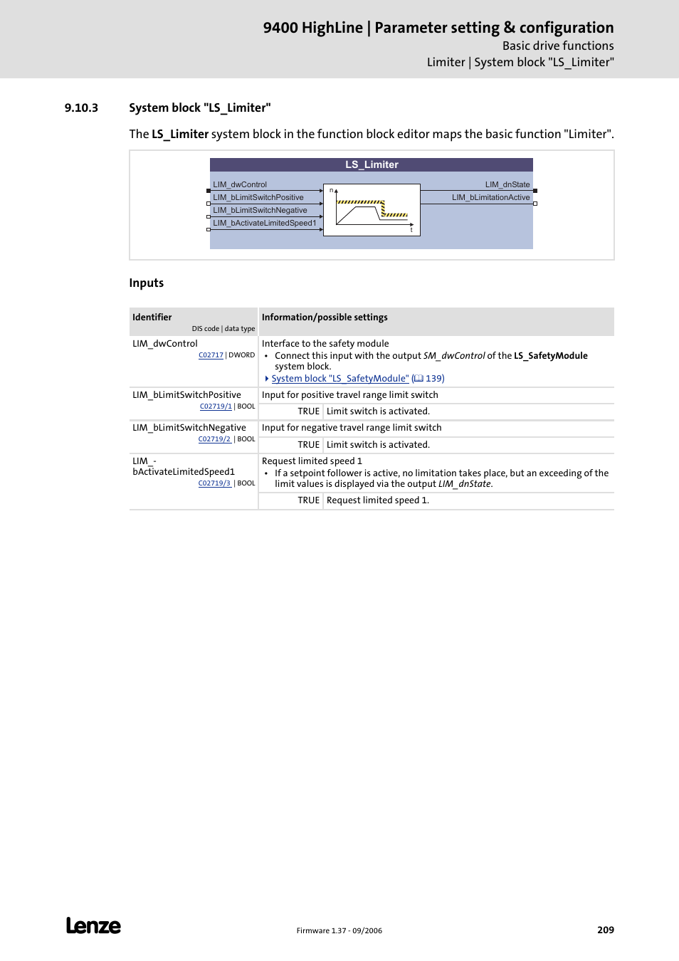 3 system block "ls_limiter, System block "ls_limiter, Ls_limiter | 9400 highline | parameter setting & configuration | Lenze E94AxHE Servo Drives 9400 HighLine (Firmware 01-37) User Manual | Page 209 / 679