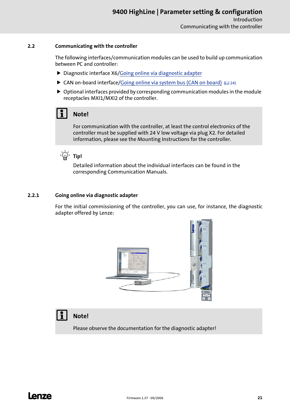 2 communicating with the controller, 1 going online via diagnostic adapter | Lenze E94AxHE Servo Drives 9400 HighLine (Firmware 01-37) User Manual | Page 21 / 679