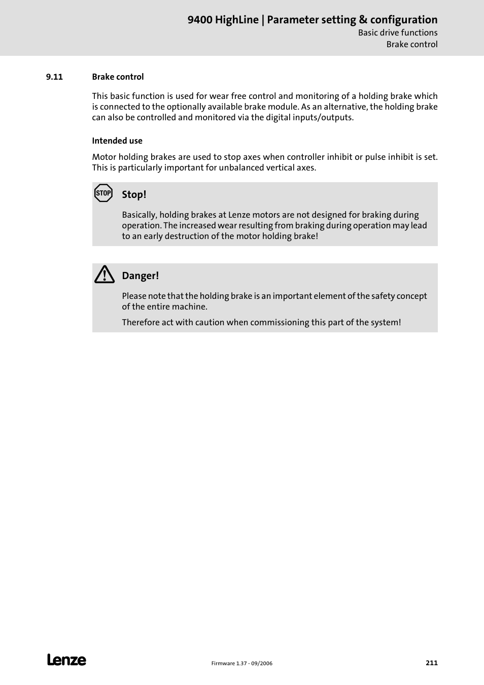 11 brake control, Brake control, Brake control (c 211) | Lenze E94AxHE Servo Drives 9400 HighLine (Firmware 01-37) User Manual | Page 211 / 679