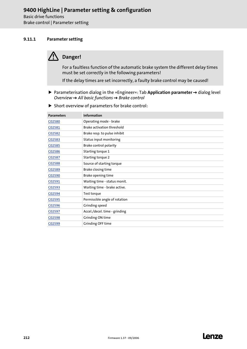 1 parameter setting, 9400 highline | parameter setting & configuration, Danger | Lenze E94AxHE Servo Drives 9400 HighLine (Firmware 01-37) User Manual | Page 212 / 679