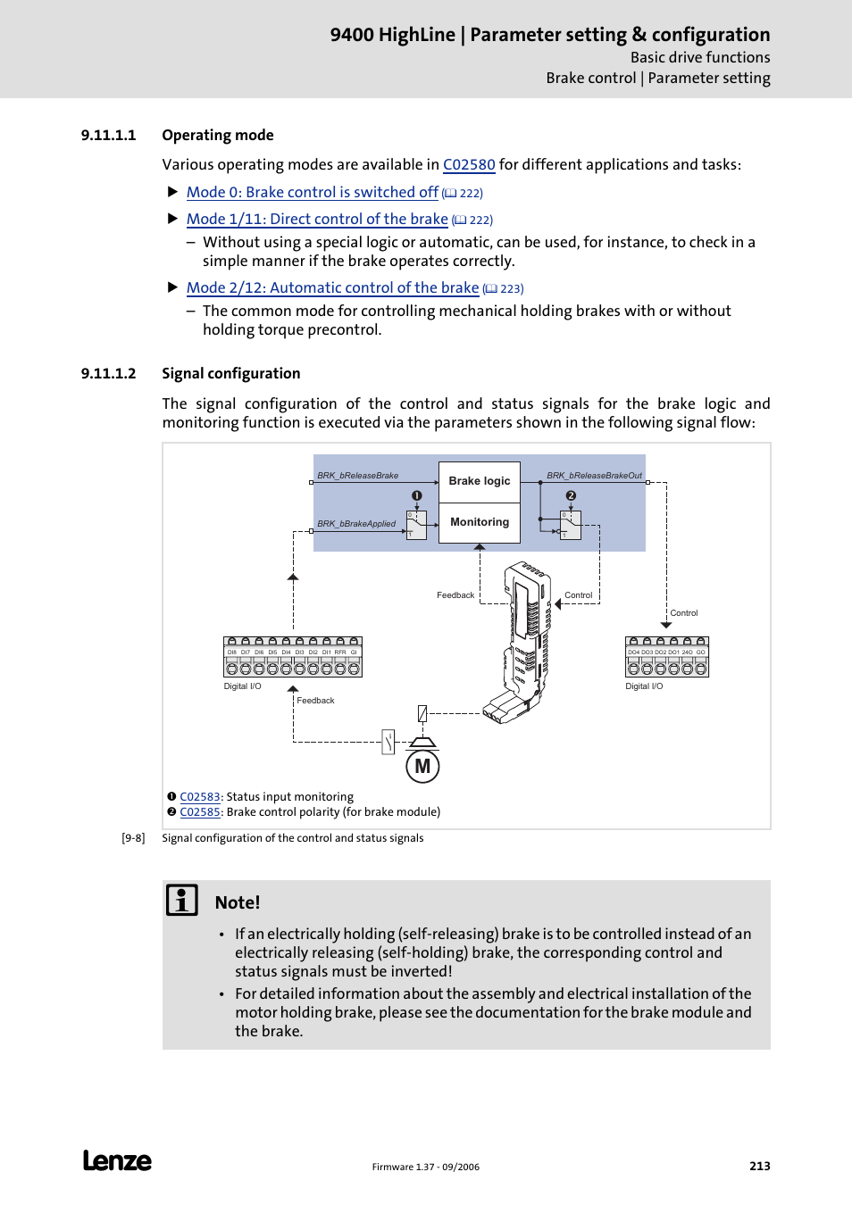 1 operating mode, 2 signal configuration, 1 operating mode 9.11.1.2 signal configuration | 9400 highline | parameter setting & configuration, R mode 1/11: direct control of the brake | Lenze E94AxHE Servo Drives 9400 HighLine (Firmware 01-37) User Manual | Page 213 / 679