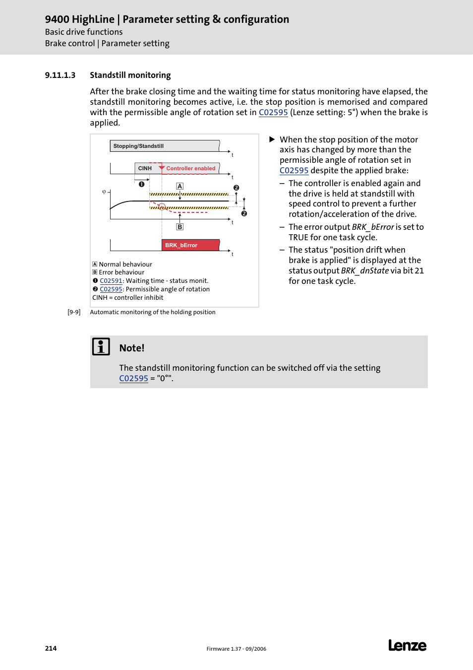 3 standstill monitoring, 9400 highline | parameter setting & configuration | Lenze E94AxHE Servo Drives 9400 HighLine (Firmware 01-37) User Manual | Page 214 / 679