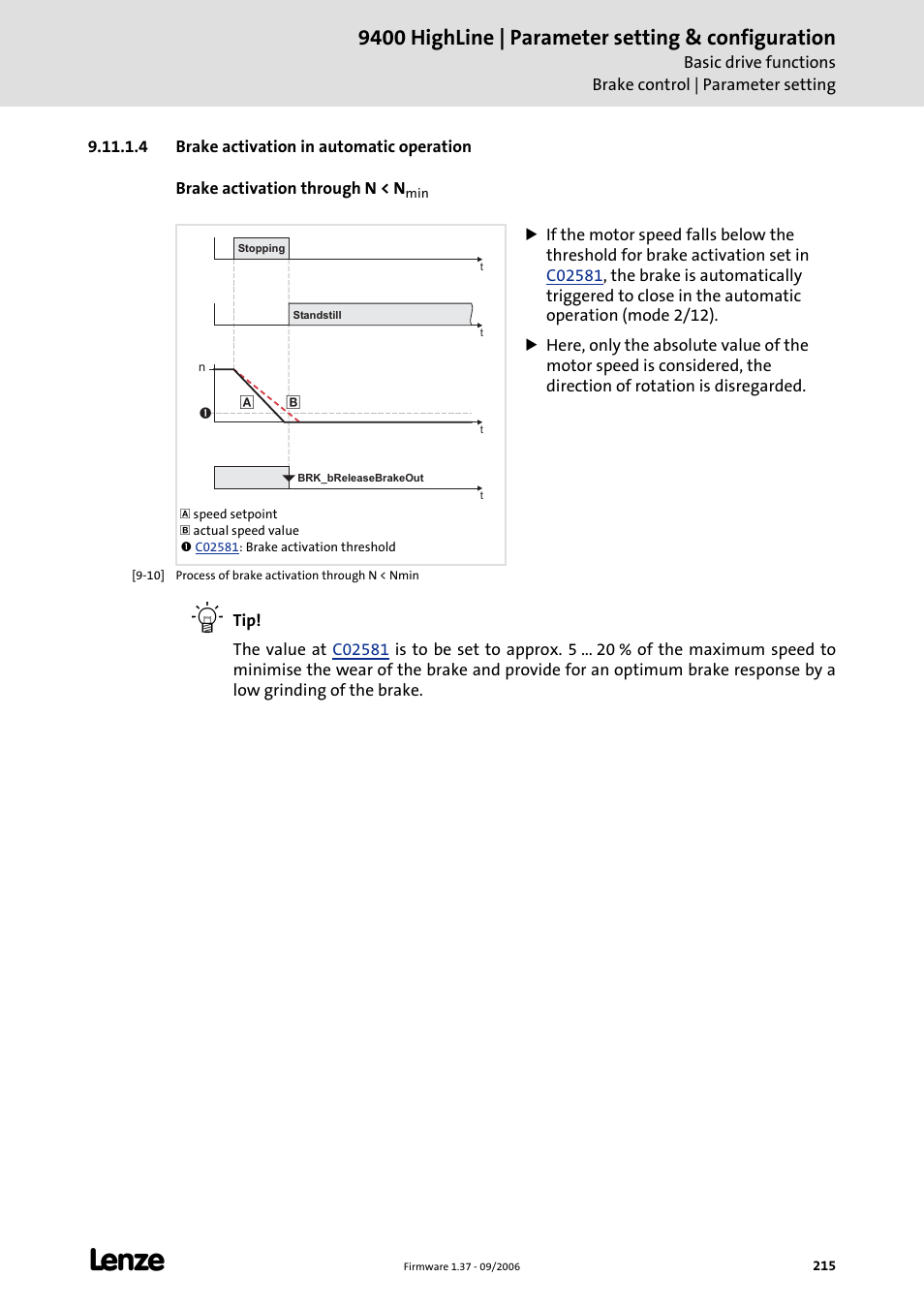 4 brake activation in automatic operation, 9400 highline | parameter setting & configuration | Lenze E94AxHE Servo Drives 9400 HighLine (Firmware 01-37) User Manual | Page 215 / 679