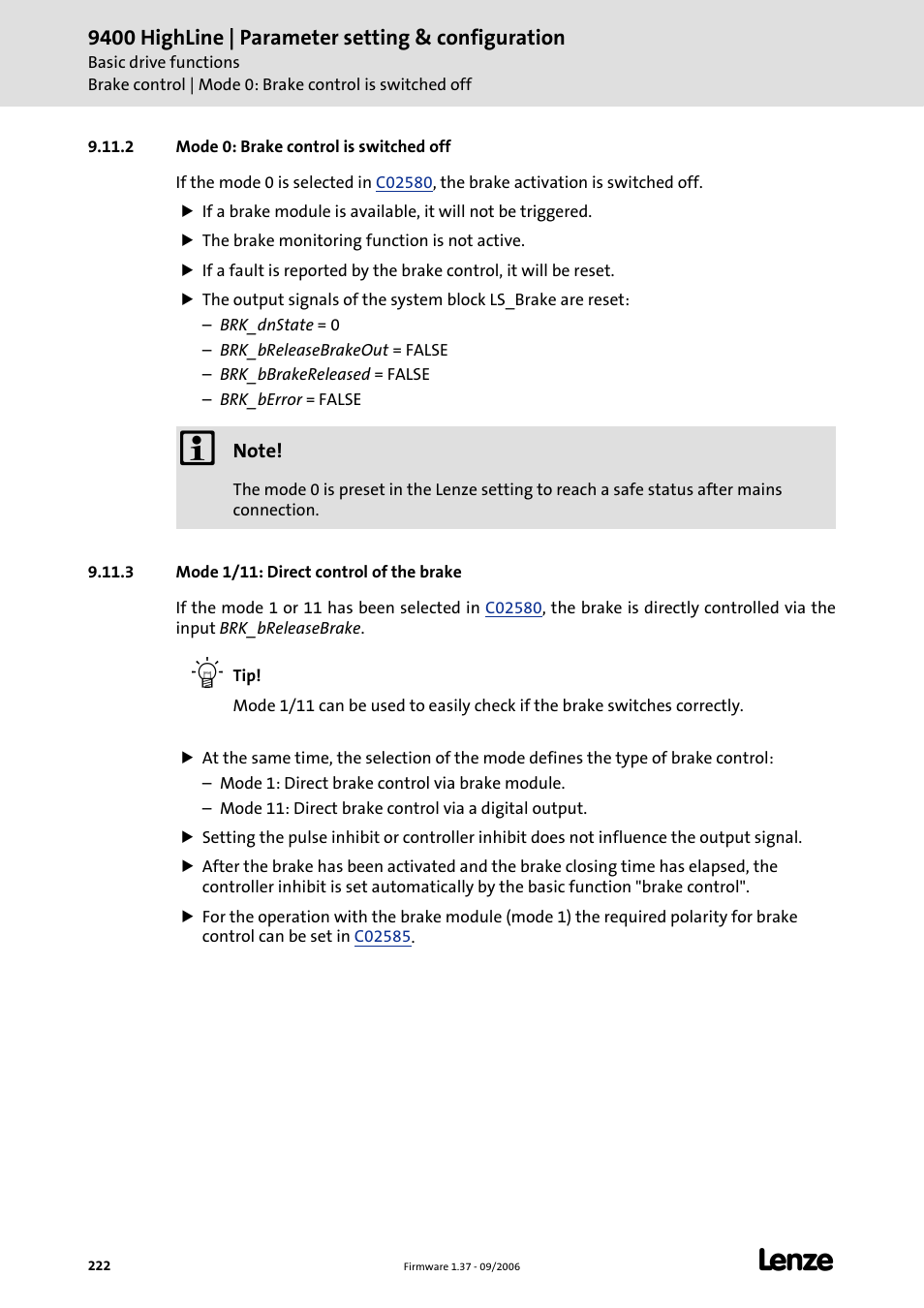 2 mode 0: brake control is switched off, 3 mode 1/11: direct control of the brake, Mode 0: brake control is switched off | C 222), Mode 1/11: direct control of the brake | Lenze E94AxHE Servo Drives 9400 HighLine (Firmware 01-37) User Manual | Page 222 / 679