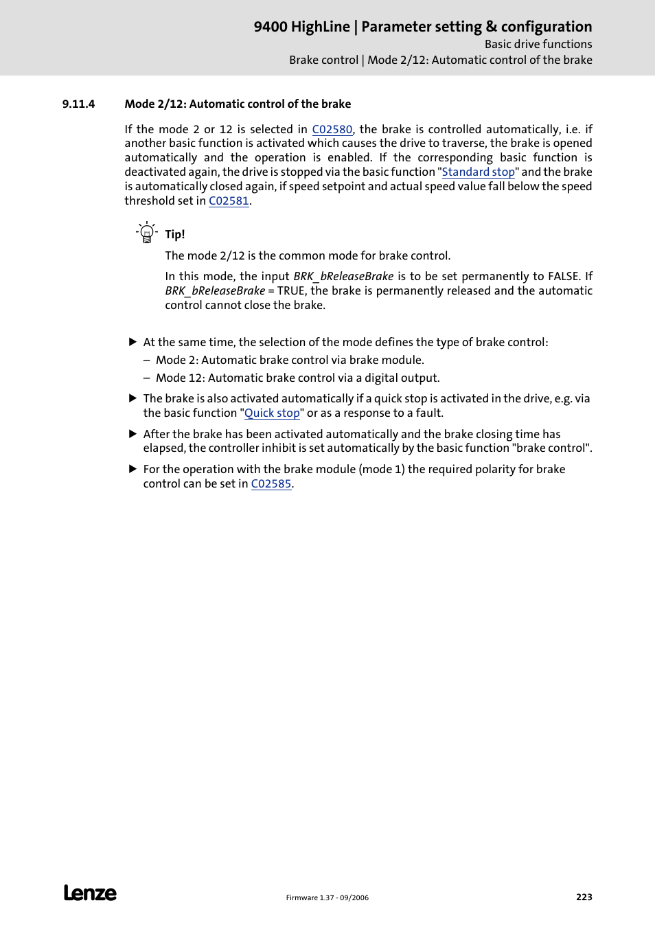 4 mode 2/12: automatic control of the brake, Mode 2/12: automatic control of the brake, C 223) | 9400 highline | parameter setting & configuration | Lenze E94AxHE Servo Drives 9400 HighLine (Firmware 01-37) User Manual | Page 223 / 679