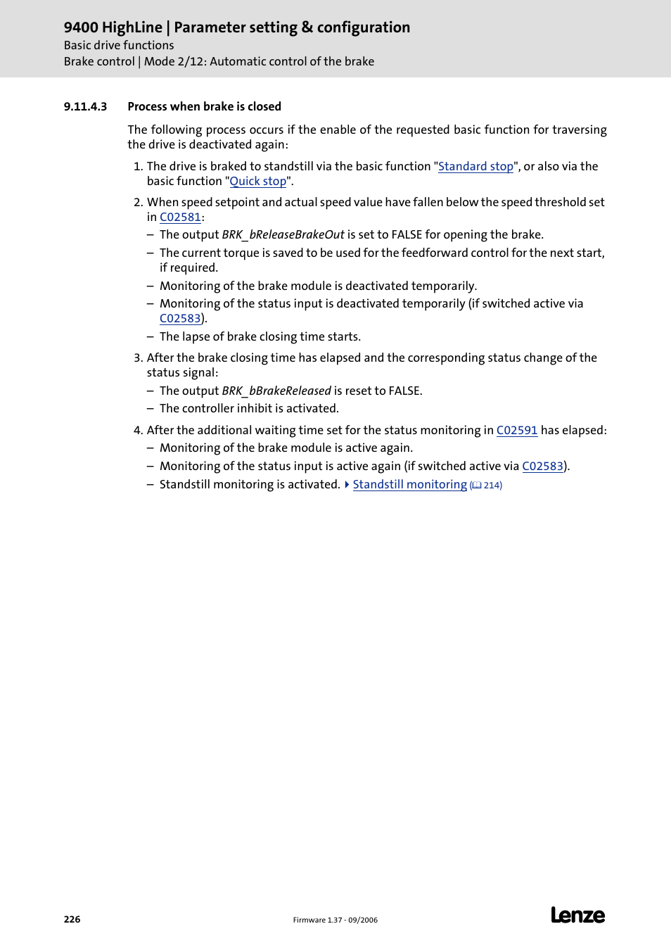 3 process when brake is closed, 9400 highline | parameter setting & configuration | Lenze E94AxHE Servo Drives 9400 HighLine (Firmware 01-37) User Manual | Page 226 / 679
