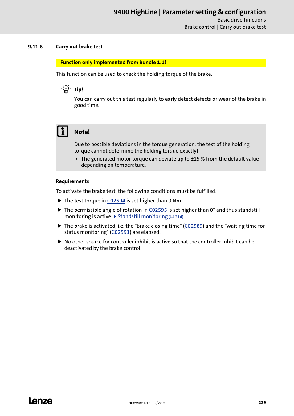 6 carry out brake test | Lenze E94AxHE Servo Drives 9400 HighLine (Firmware 01-37) User Manual | Page 229 / 679