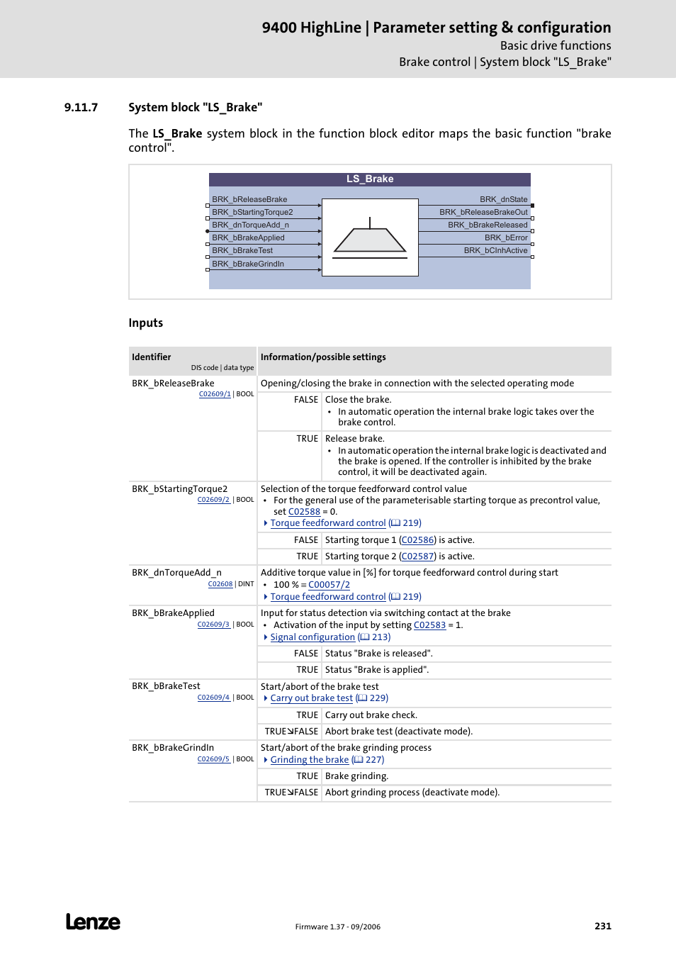 7 system block "ls_brake, 9400 highline | parameter setting & configuration | Lenze E94AxHE Servo Drives 9400 HighLine (Firmware 01-37) User Manual | Page 231 / 679