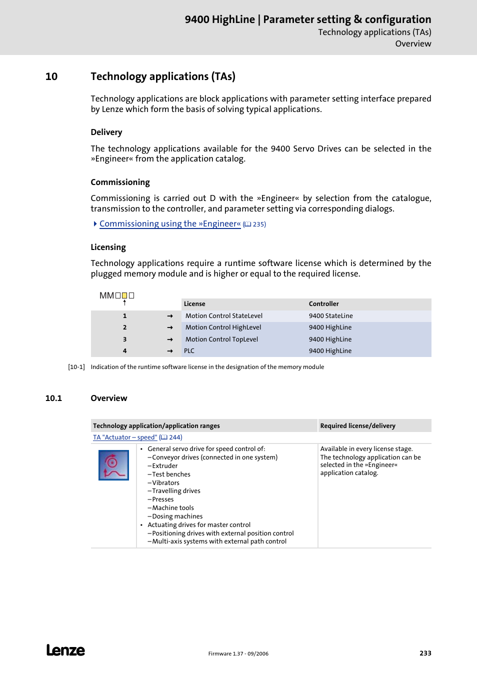 10 technology applications (tas), 1 overview, Technology applications (tas) 10.1 overview | Technology applications (tas), C 233), 9400 highline | parameter setting & configuration | Lenze E94AxHE Servo Drives 9400 HighLine (Firmware 01-37) User Manual | Page 233 / 679