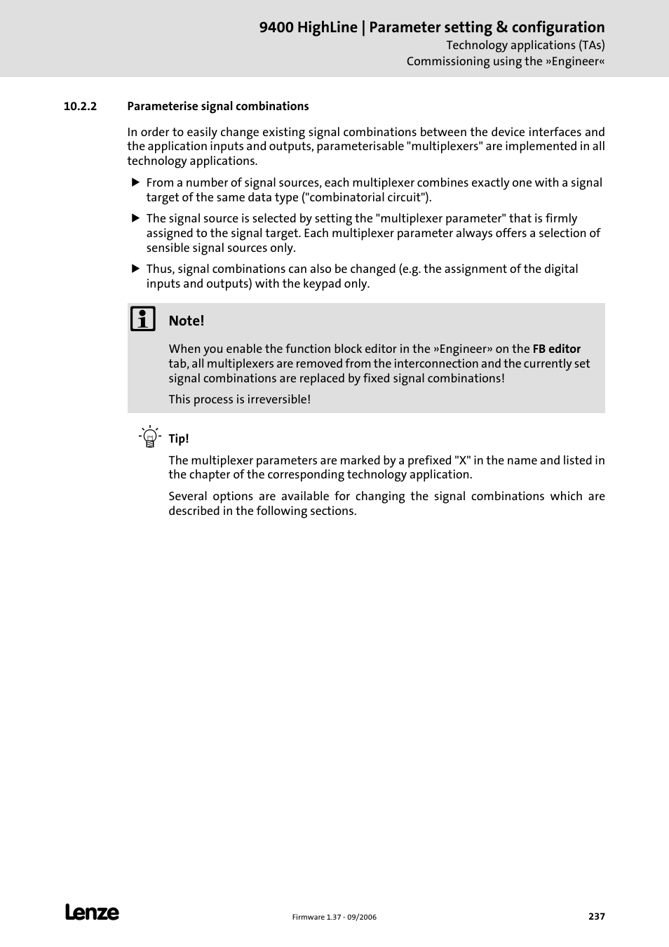 2 parameterise signal combinations | Lenze E94AxHE Servo Drives 9400 HighLine (Firmware 01-37) User Manual | Page 237 / 679