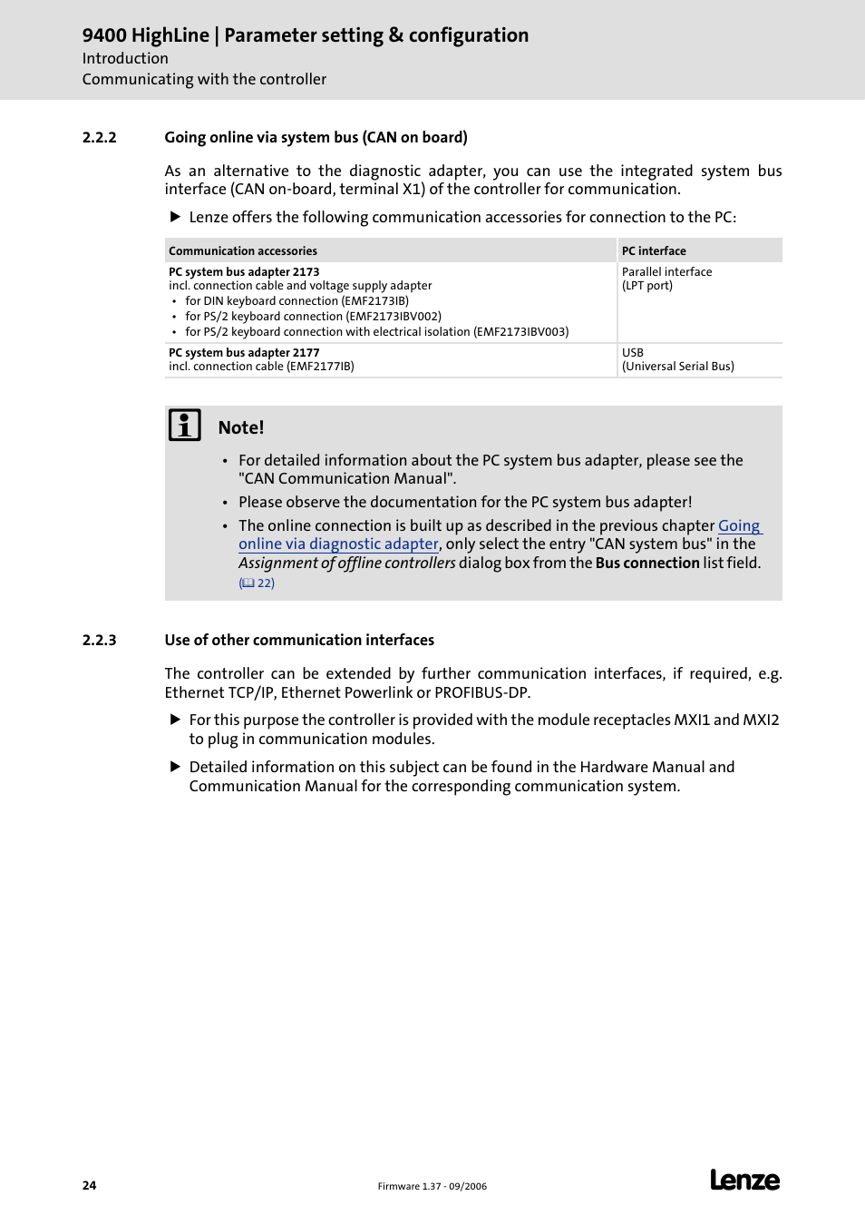 2 going online via system bus (can on board), 3 use of other communication interfaces, Going online via system bus (can on board) | C 24), 9400 highline | parameter setting & configuration | Lenze E94AxHE Servo Drives 9400 HighLine (Firmware 01-37) User Manual | Page 24 / 679