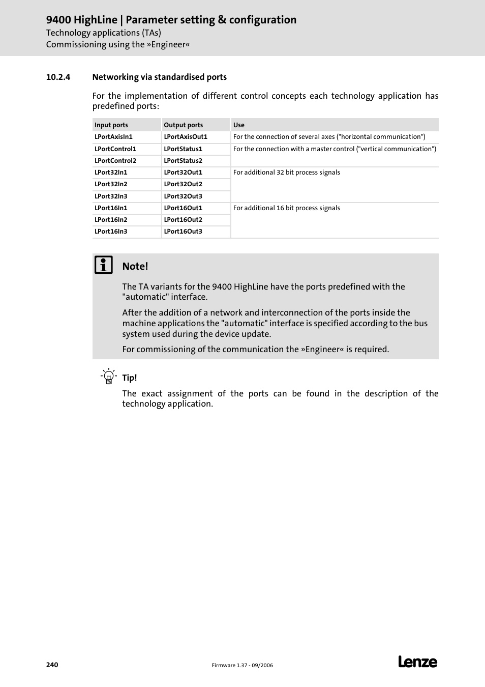 4 networking via standardised ports, Networking via standardised ports, 9400 highline | parameter setting & configuration | Lenze E94AxHE Servo Drives 9400 HighLine (Firmware 01-37) User Manual | Page 240 / 679