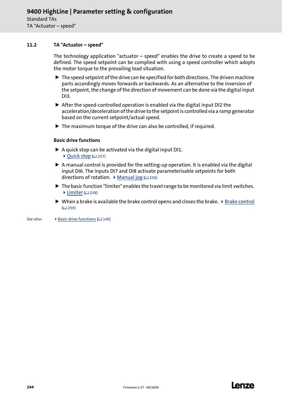 2 ta "actuator - speed, 2 ta "actuator – speed, Ta "actuator – speed | C 244), Ta "actuator – speed" (c 244), 9400 highline | parameter setting & configuration | Lenze E94AxHE Servo Drives 9400 HighLine (Firmware 01-37) User Manual | Page 244 / 679