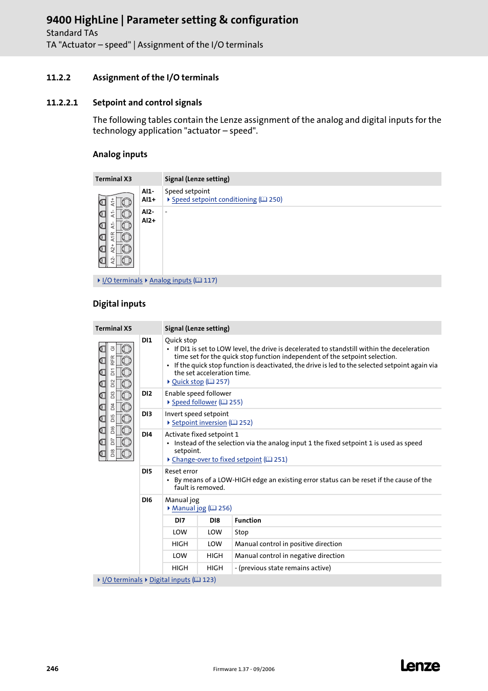 2 assignment of the i/o terminals, 1 setpoint and control signals, 9400 highline | parameter setting & configuration | Lenze E94AxHE Servo Drives 9400 HighLine (Firmware 01-37) User Manual | Page 246 / 679