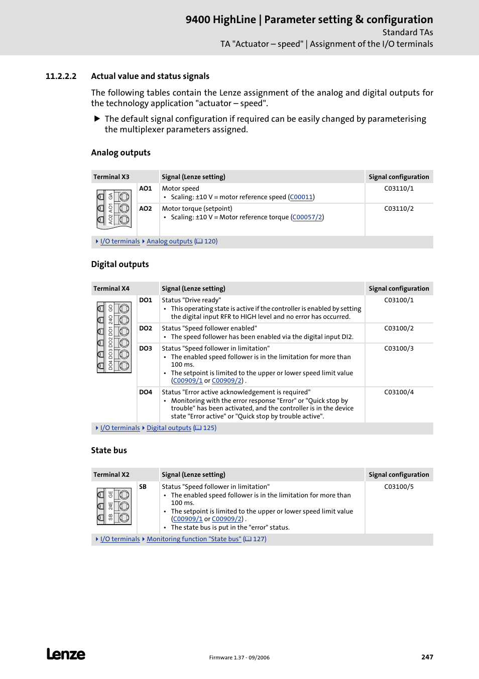 2 actual value and status signals, 9400 highline | parameter setting & configuration | Lenze E94AxHE Servo Drives 9400 HighLine (Firmware 01-37) User Manual | Page 247 / 679