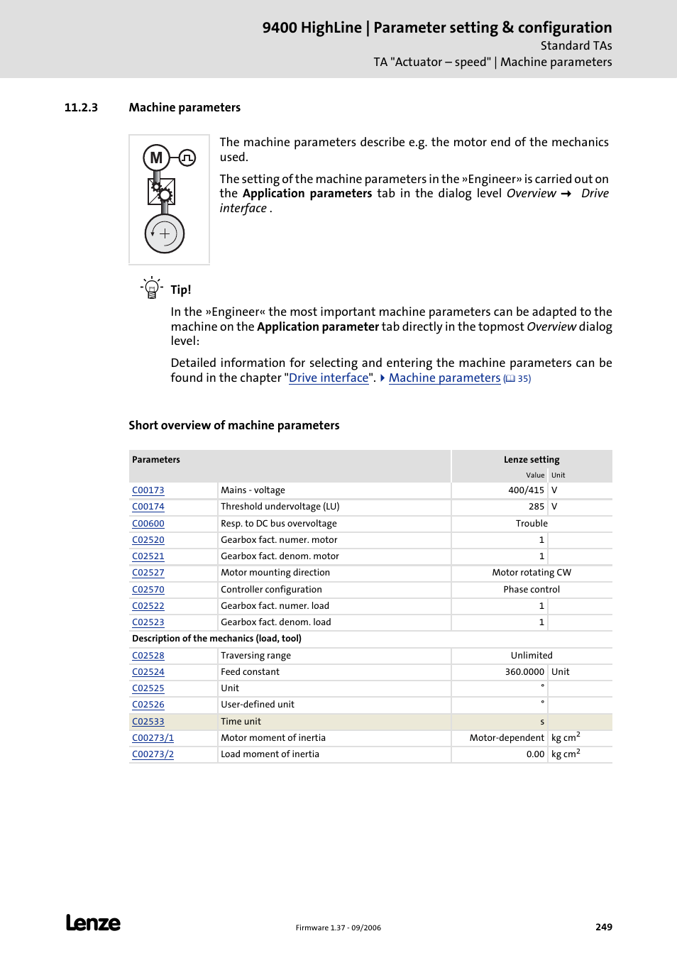 3 machine parameters, 9400 highline | parameter setting & configuration | Lenze E94AxHE Servo Drives 9400 HighLine (Firmware 01-37) User Manual | Page 249 / 679
