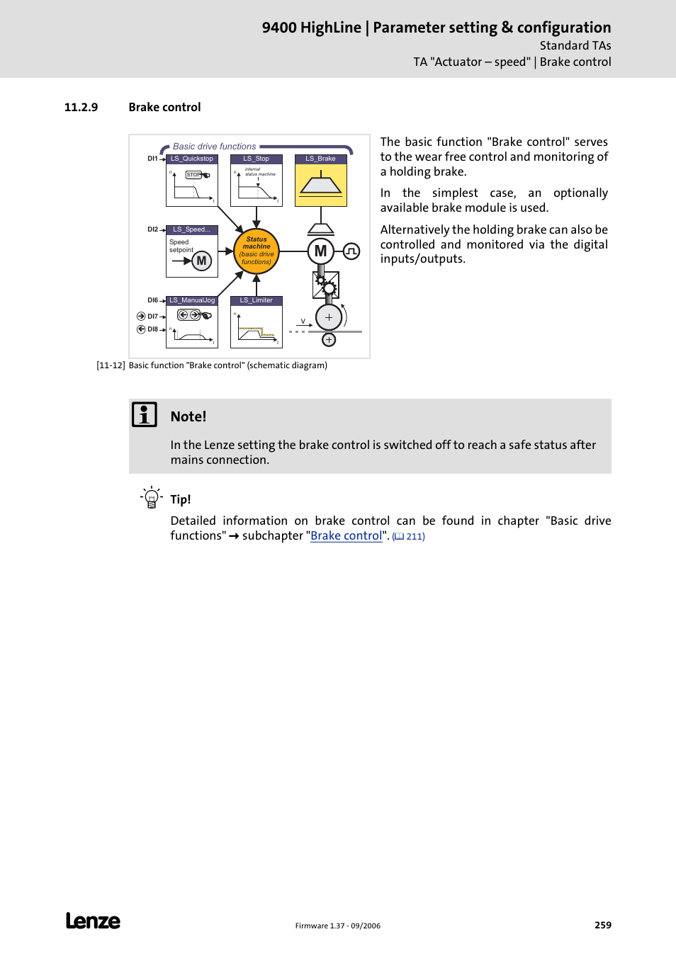 9 brake control, Rol opens and closes the brake, Brake control | C 259), 9400 highline | parameter setting & configuration | Lenze E94AxHE Servo Drives 9400 HighLine (Firmware 01-37) User Manual | Page 259 / 679