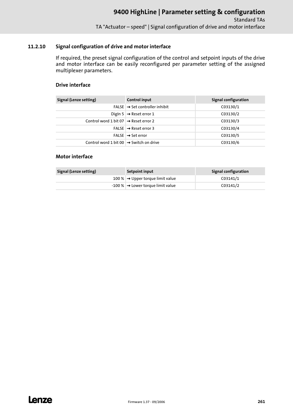 9400 highline | parameter setting & configuration | Lenze E94AxHE Servo Drives 9400 HighLine (Firmware 01-37) User Manual | Page 261 / 679