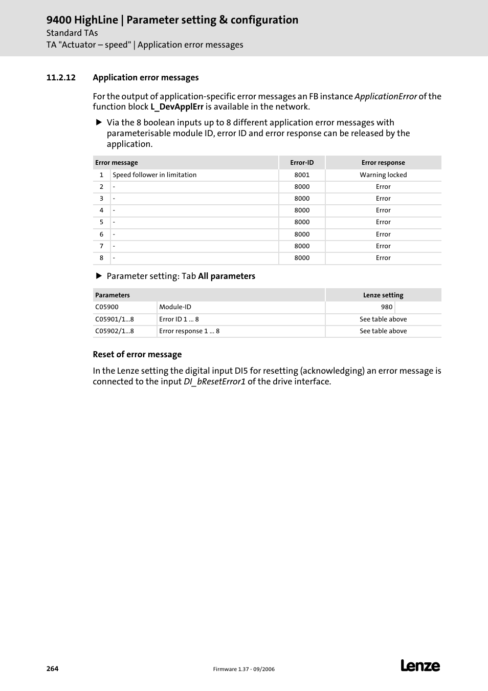 12 application error messages, 9400 highline | parameter setting & configuration | Lenze E94AxHE Servo Drives 9400 HighLine (Firmware 01-37) User Manual | Page 264 / 679