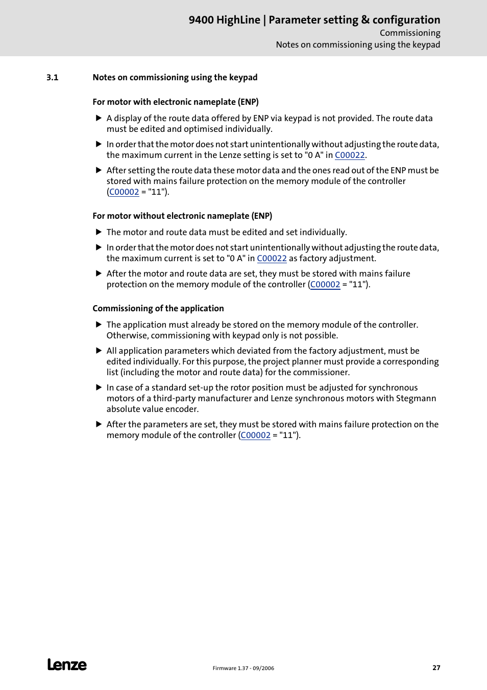 1 notes on commissioning using the keypad, 9400 highline | parameter setting & configuration | Lenze E94AxHE Servo Drives 9400 HighLine (Firmware 01-37) User Manual | Page 27 / 679