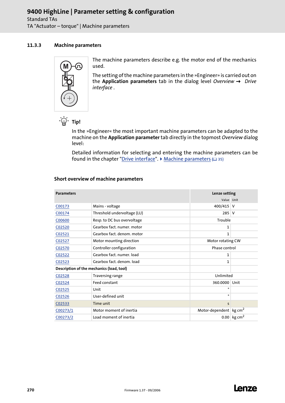 3 machine parameters, 9400 highline | parameter setting & configuration | Lenze E94AxHE Servo Drives 9400 HighLine (Firmware 01-37) User Manual | Page 270 / 679