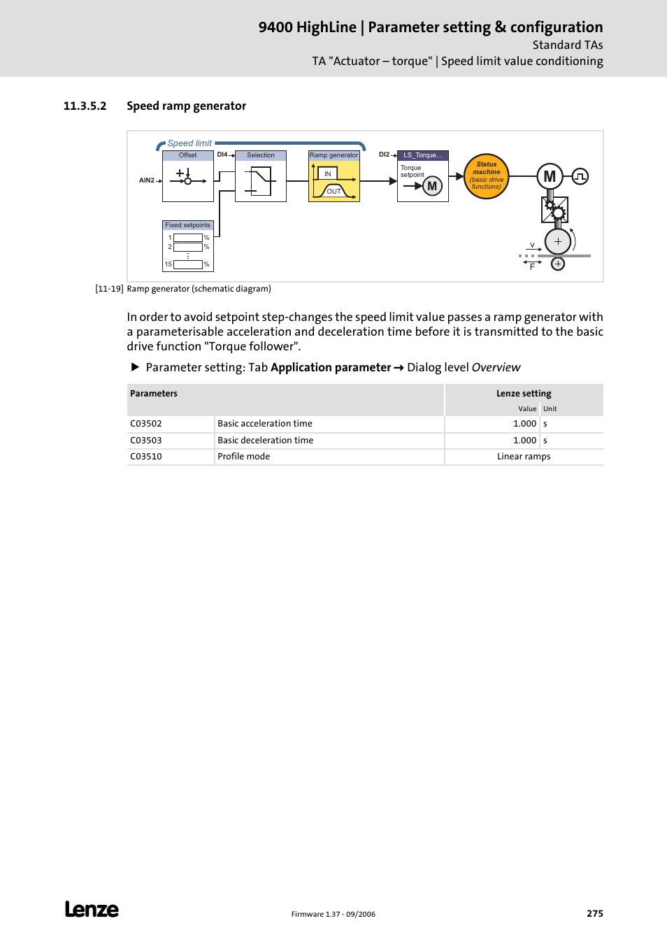 2 speed ramp generator, 9400 highline | parameter setting & configuration | Lenze E94AxHE Servo Drives 9400 HighLine (Firmware 01-37) User Manual | Page 275 / 679