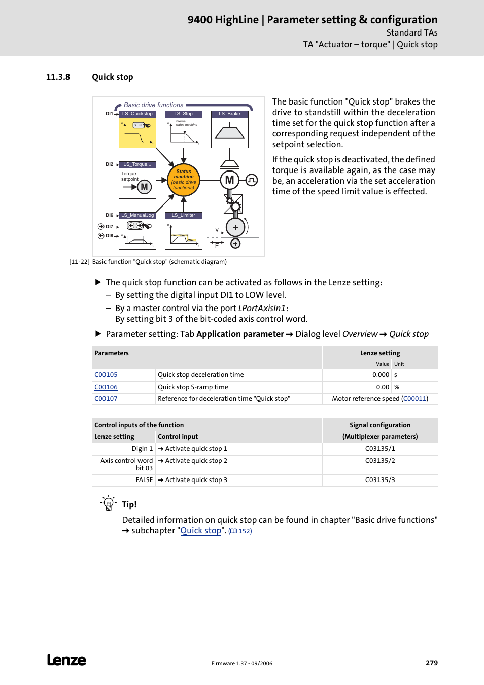 8 quick stop, Quick stop, C 279) | Quick stop (c 279), 9400 highline | parameter setting & configuration, Standard tas ta "actuator – torque" | quick stop | Lenze E94AxHE Servo Drives 9400 HighLine (Firmware 01-37) User Manual | Page 279 / 679