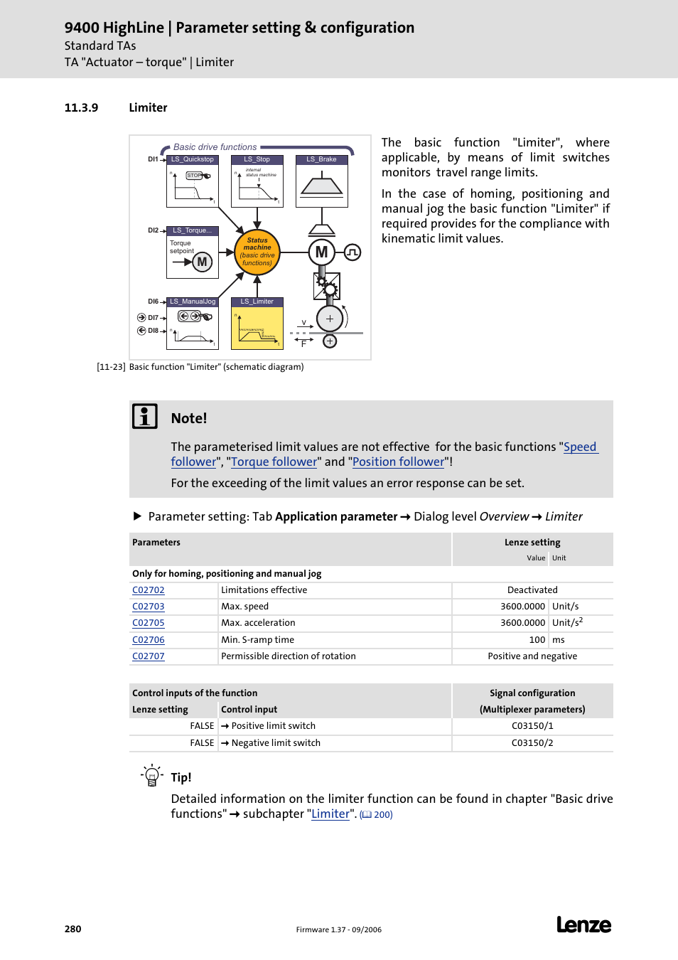 9 limiter, 9400 highline | parameter setting & configuration | Lenze E94AxHE Servo Drives 9400 HighLine (Firmware 01-37) User Manual | Page 280 / 679
