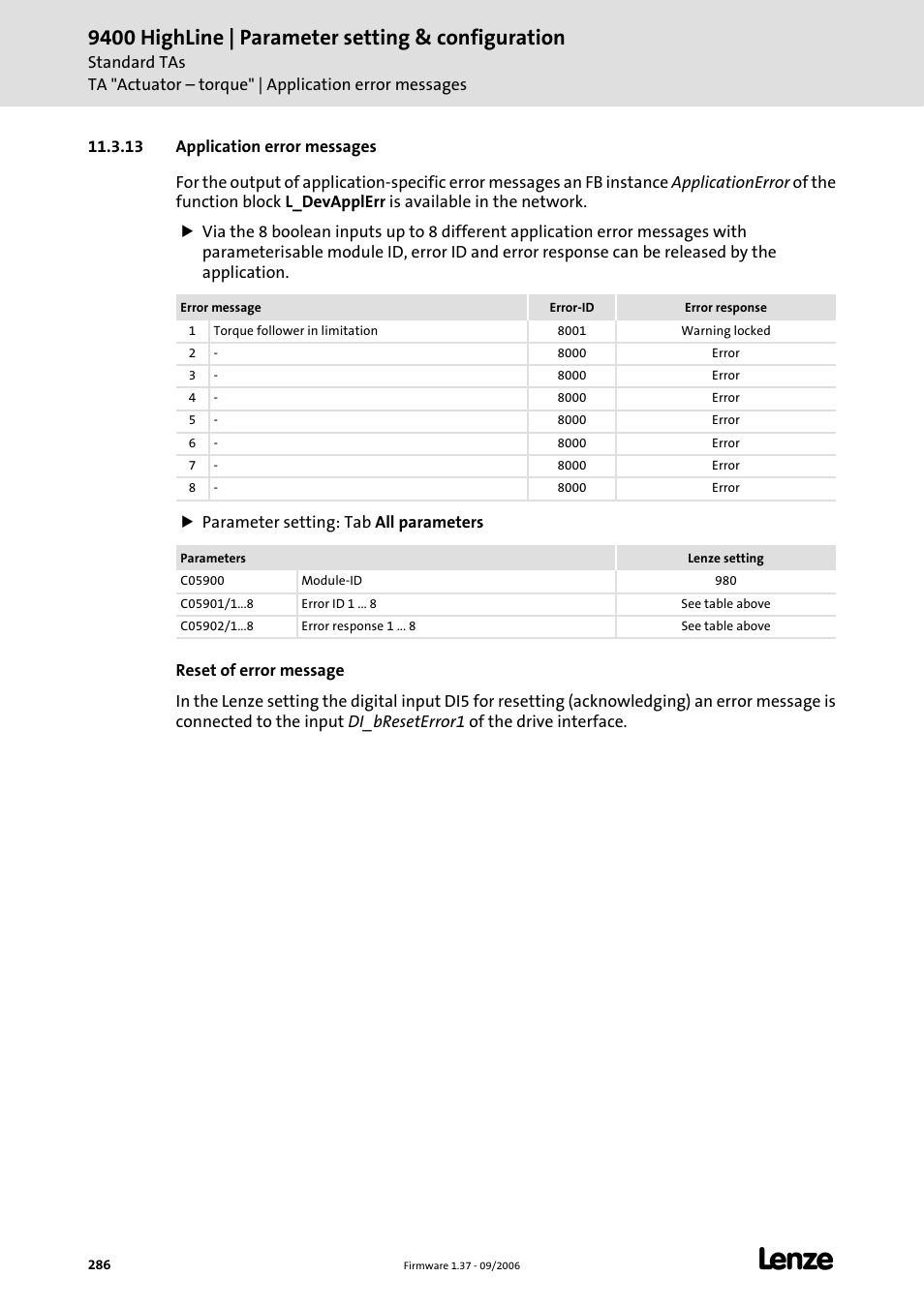 13 application error messages, Application error messages, 9400 highline | parameter setting & configuration | Lenze E94AxHE Servo Drives 9400 HighLine (Firmware 01-37) User Manual | Page 286 / 679