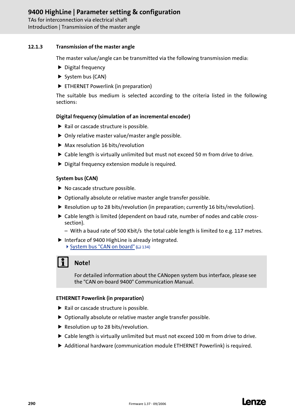3 transmission of the master angle, 9400 highline | parameter setting & configuration | Lenze E94AxHE Servo Drives 9400 HighLine (Firmware 01-37) User Manual | Page 290 / 679