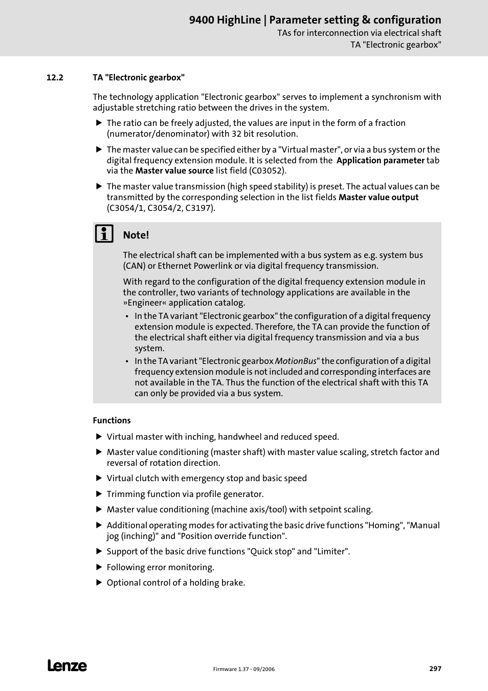 2 ta "electronic gearbox, Ta "electronic gearbox, Ta "electronic gearbox" (c 297) | Electronic gearbox, C 297), 9400 highline | parameter setting & configuration | Lenze E94AxHE Servo Drives 9400 HighLine (Firmware 01-37) User Manual | Page 297 / 679