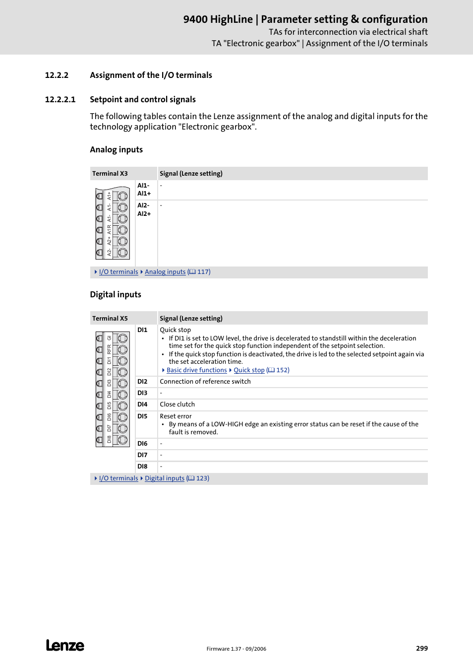 2 assignment of the i/o terminals, 1 setpoint and control signals, 9400 highline | parameter setting & configuration | Lenze E94AxHE Servo Drives 9400 HighLine (Firmware 01-37) User Manual | Page 299 / 679