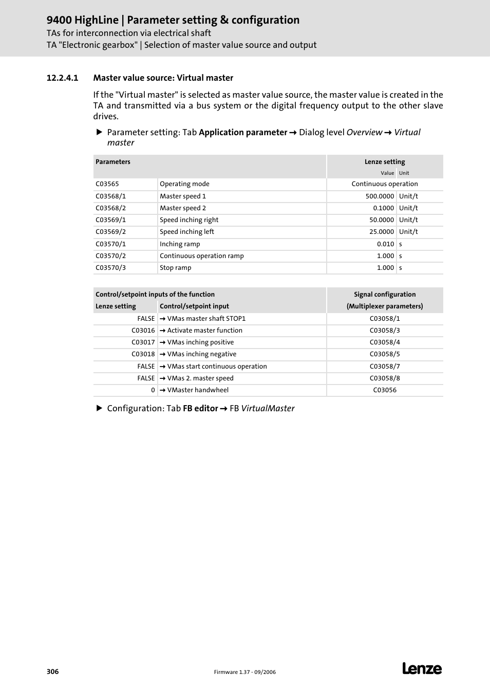 1 master value source: virtual master, 9400 highline | parameter setting & configuration | Lenze E94AxHE Servo Drives 9400 HighLine (Firmware 01-37) User Manual | Page 306 / 679