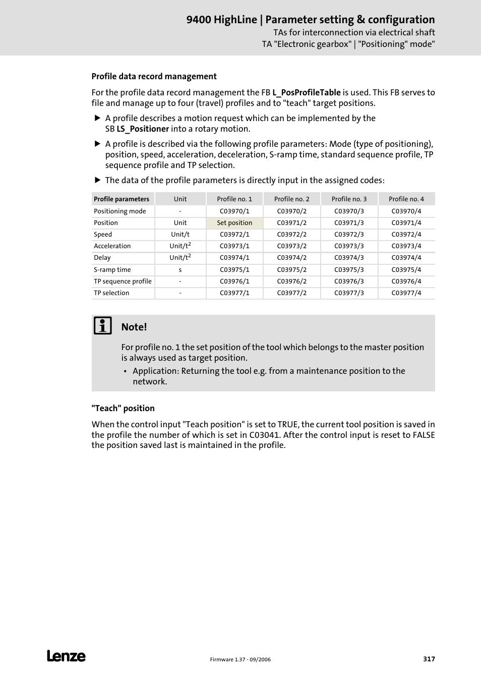 9400 highline | parameter setting & configuration | Lenze E94AxHE Servo Drives 9400 HighLine (Firmware 01-37) User Manual | Page 317 / 679