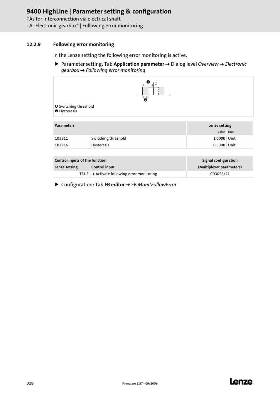 9 following error monitoring, 9400 highline | parameter setting & configuration | Lenze E94AxHE Servo Drives 9400 HighLine (Firmware 01-37) User Manual | Page 318 / 679
