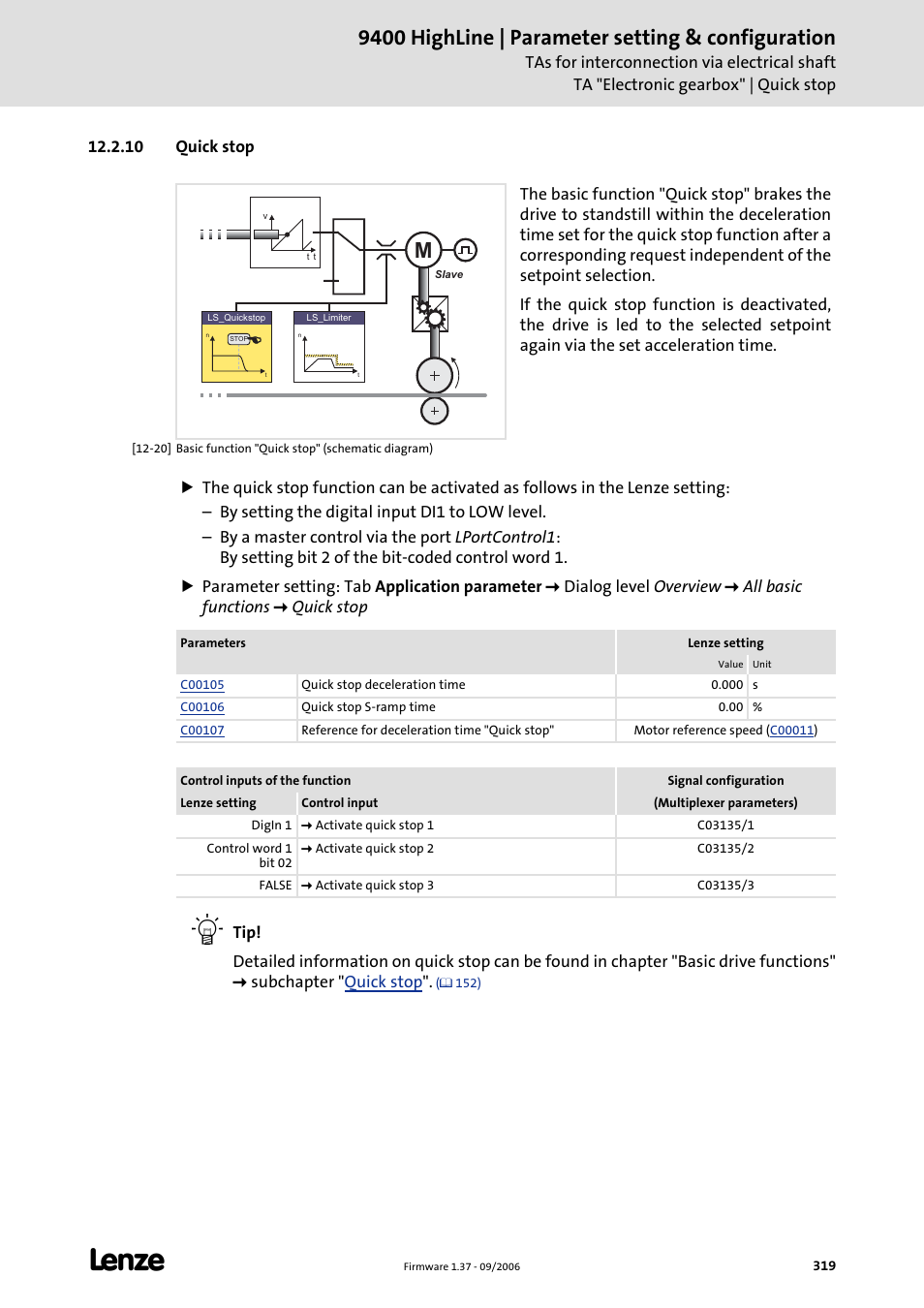 10 quick stop, 9400 highline | parameter setting & configuration | Lenze E94AxHE Servo Drives 9400 HighLine (Firmware 01-37) User Manual | Page 319 / 679