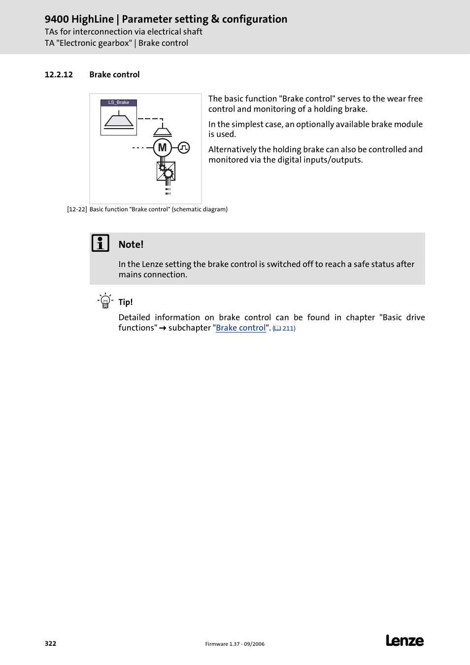 12 brake control | Lenze E94AxHE Servo Drives 9400 HighLine (Firmware 01-37) User Manual | Page 322 / 679
