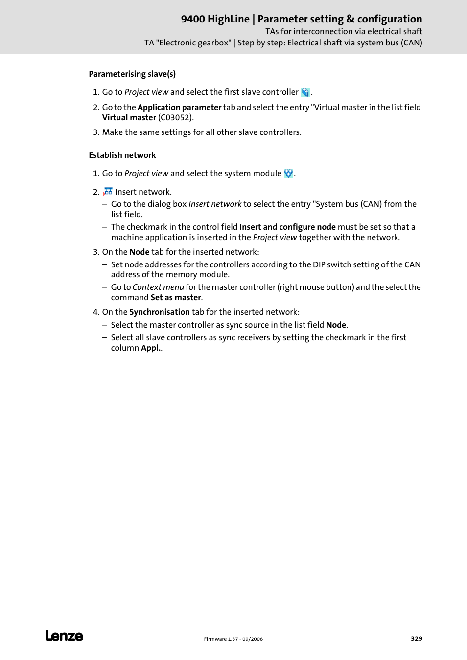 9400 highline | parameter setting & configuration | Lenze E94AxHE Servo Drives 9400 HighLine (Firmware 01-37) User Manual | Page 329 / 679