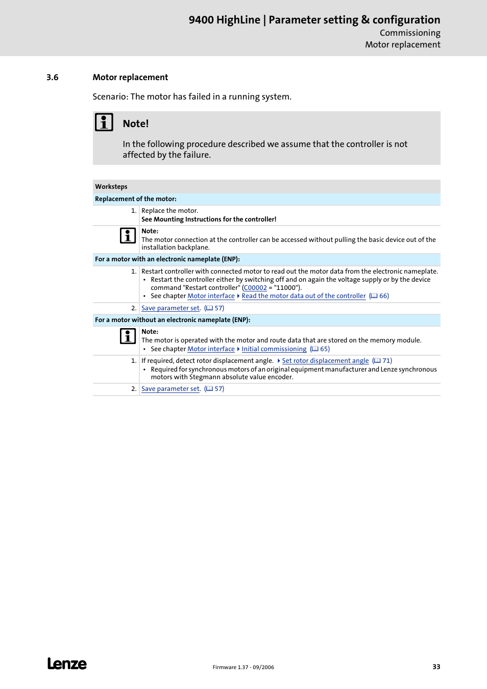6 motor replacement, Motor replacement, C 33) | 9400 highline | parameter setting & configuration | Lenze E94AxHE Servo Drives 9400 HighLine (Firmware 01-37) User Manual | Page 33 / 679