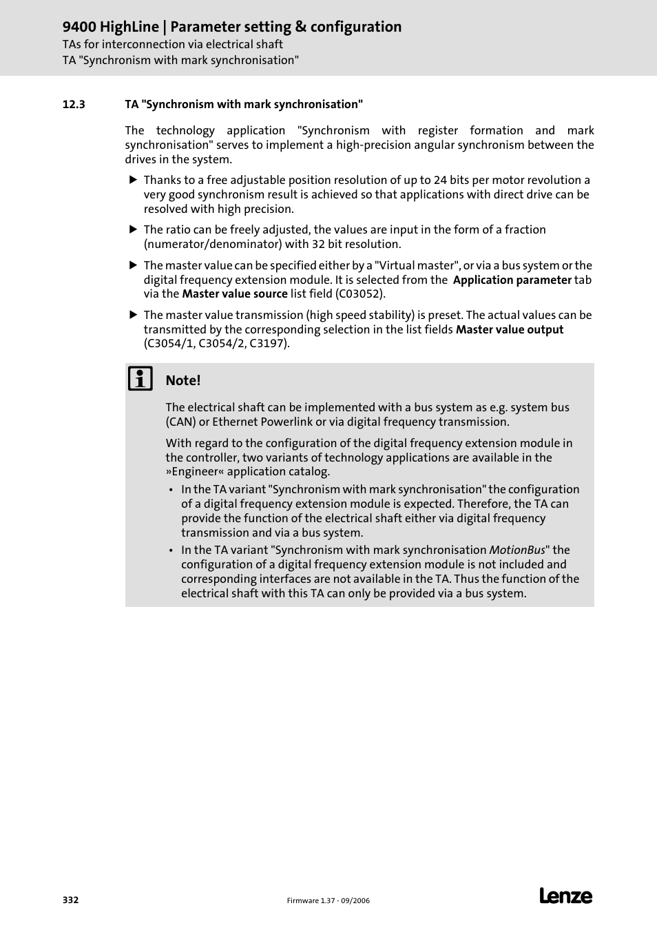 3 ta "synchronism with mark synchronisation, Ta "synchronism with mark, Synchronisation | Ta "synchronism with mark synchronisation" (c 332), Ta "synchronism with mark synchronisation, C 332), 9400 highline | parameter setting & configuration | Lenze E94AxHE Servo Drives 9400 HighLine (Firmware 01-37) User Manual | Page 332 / 679