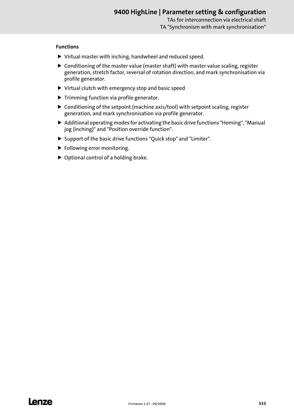 9400 highline | parameter setting & configuration | Lenze E94AxHE Servo Drives 9400 HighLine (Firmware 01-37) User Manual | Page 333 / 679