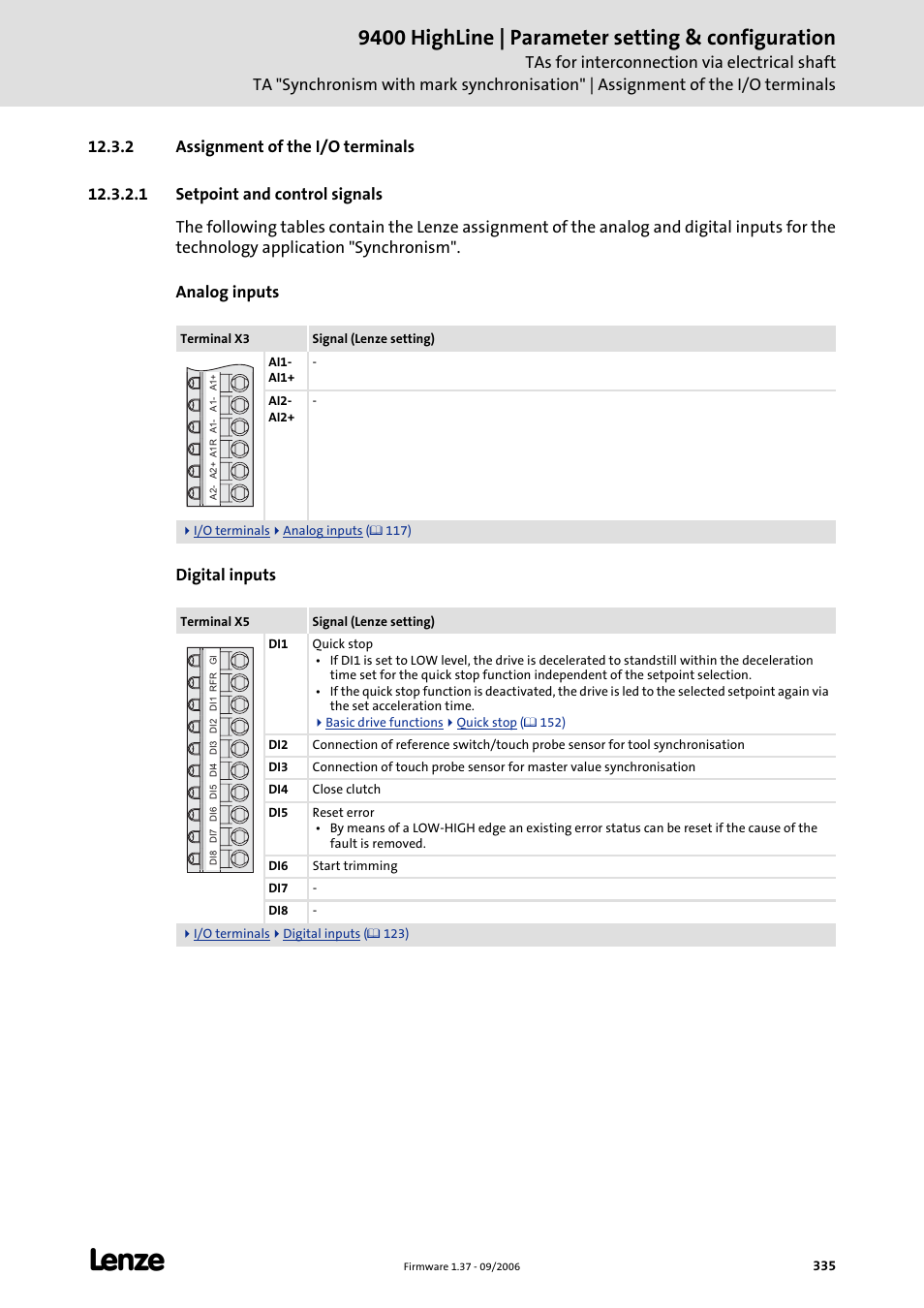 2 assignment of the i/o terminals, 1 setpoint and control signals, 9400 highline | parameter setting & configuration | Lenze E94AxHE Servo Drives 9400 HighLine (Firmware 01-37) User Manual | Page 335 / 679